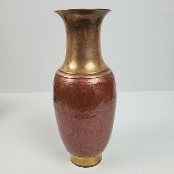 Vintage Mid Century Brass Foundry Vase ART Hand Painted 10 Inch Tall - Picture 3 of 6